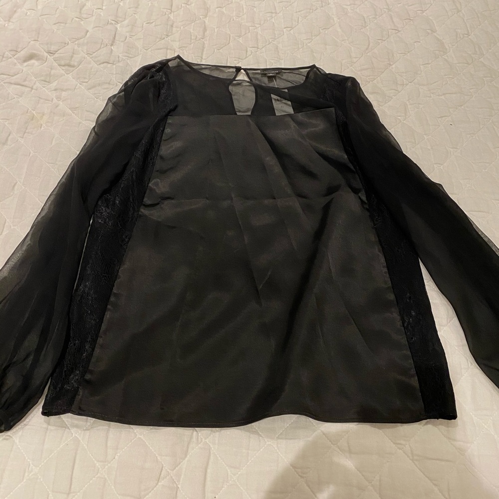 NWT Ann Taylor Black sheer sleeve faux leather lace trim blouse size 6